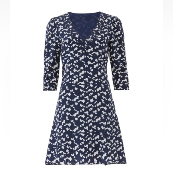 TANYA TAYLOR Silk Dress Quarter Rouched Sleeves V Neck Lined Blue and White Sz 4 - Picture 1 of 15